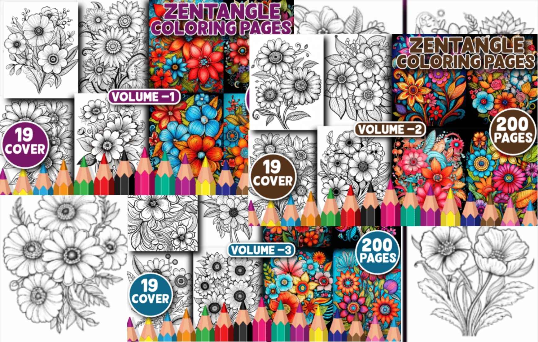 Flower Zentangle Coloring Pages: The Complete 3-Volume Set