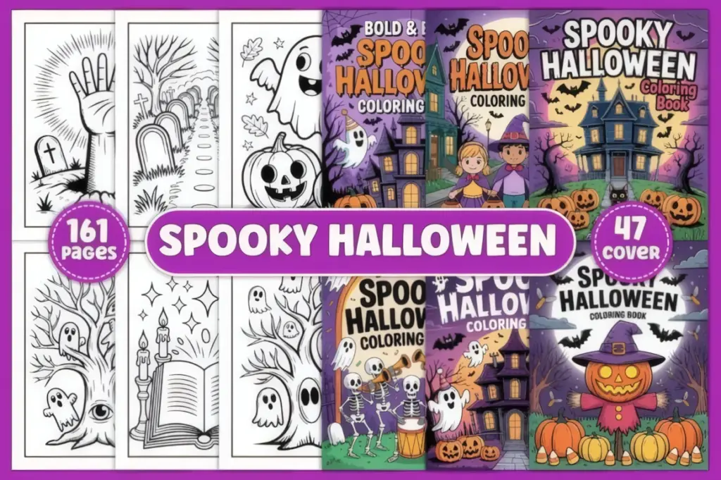 Friendly ghosts, goofy skeletons, bats, pumpkins, little witches, haunted houses, cauldrons, and treats fill these Halloween coloring pages for kids with playful spooky energy