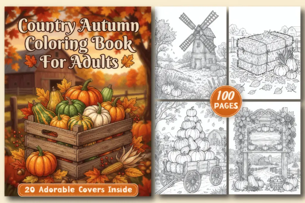Pumpkins pile beside hay bales, a wooden wagon and an old windmill in these Country Autumn Coloring Pages for Adults.