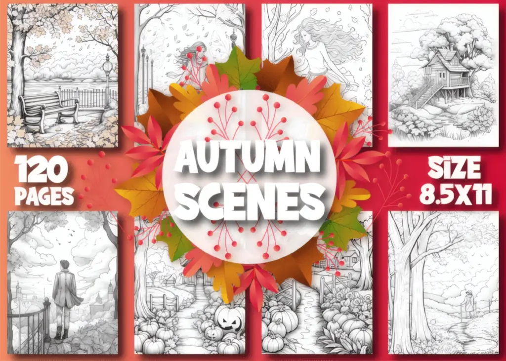 These autumn scenes coloring pages lead through tree-lined paths, cottages and open countryside. The sample pictures show layered foliage around houses and bridges, with enough small shapes to keep the coloring varied.