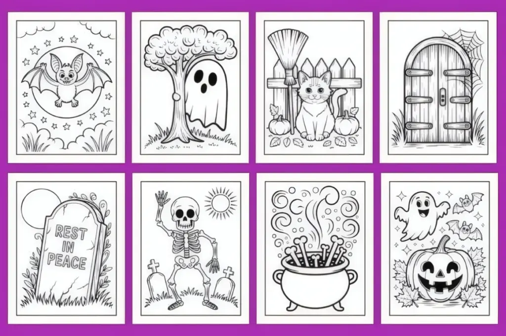 Friendly ghosts, goofy skeletons, bats, pumpkins, little witches, haunted houses, cauldrons, and treats fill these Halloween coloring pages for kids with playful spooky energy