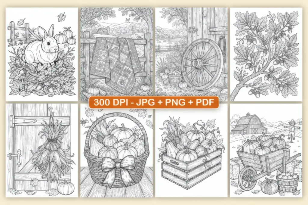 Pumpkins pile beside hay bales, a wooden wagon and an old windmill in these Country Autumn Coloring Pages for Adults.