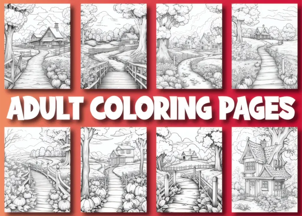 These autumn scenes coloring pages lead through tree-lined paths, cottages and open countryside. The sample pictures show layered foliage around houses and bridges, with enough small shapes to keep the coloring varied.