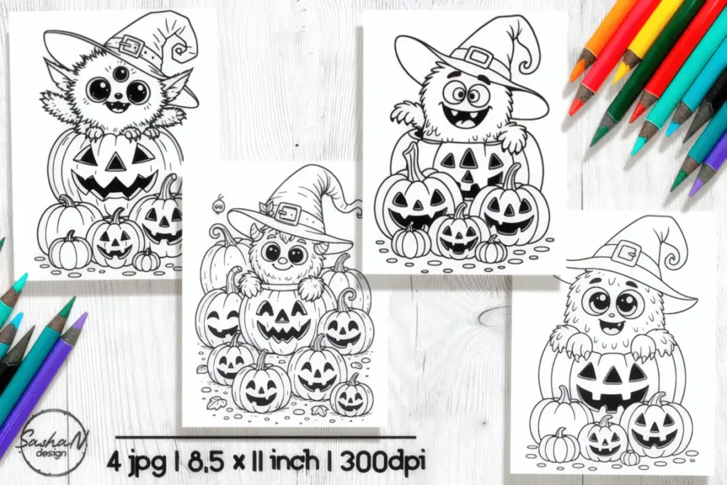 Four Cute Witch-Hat Halloween Monster Coloring Pages for Kids