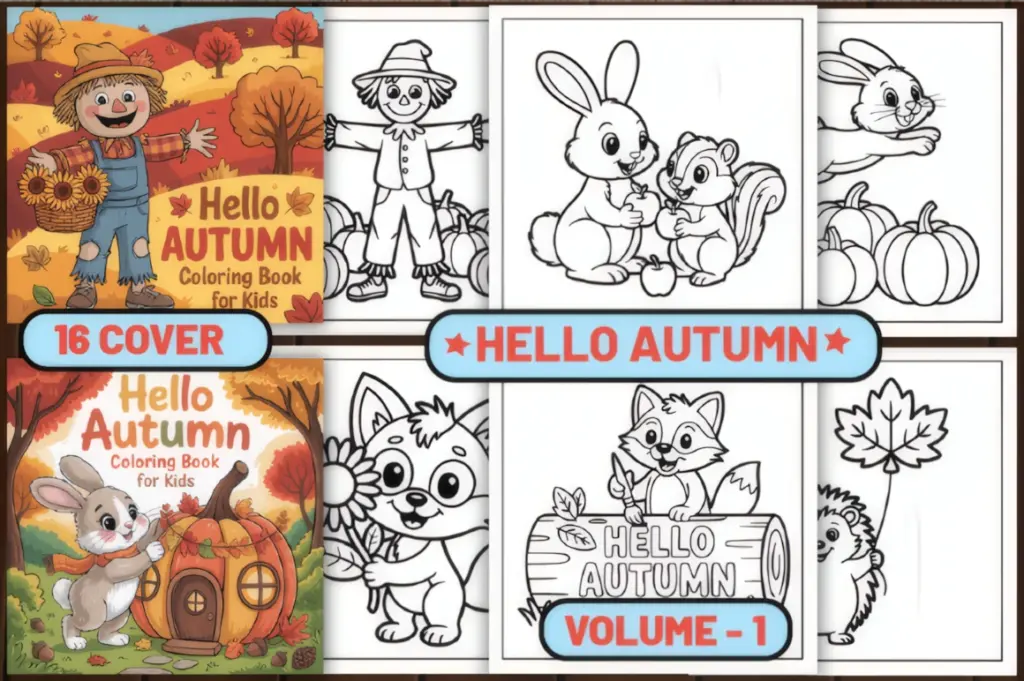 These autumn coloring pages for kids give young colorists plenty of variety while keeping the line art clear, cheerful, and comfortably approachable.