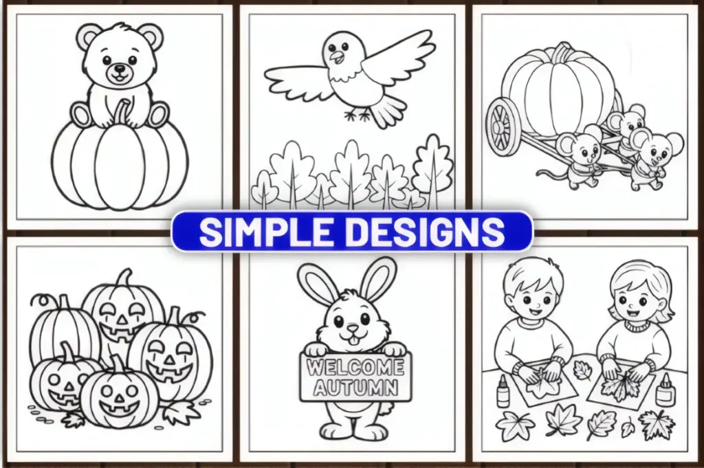 These autumn coloring pages for kids give young colorists plenty of variety while keeping the line art clear, cheerful, and comfortably approachable.