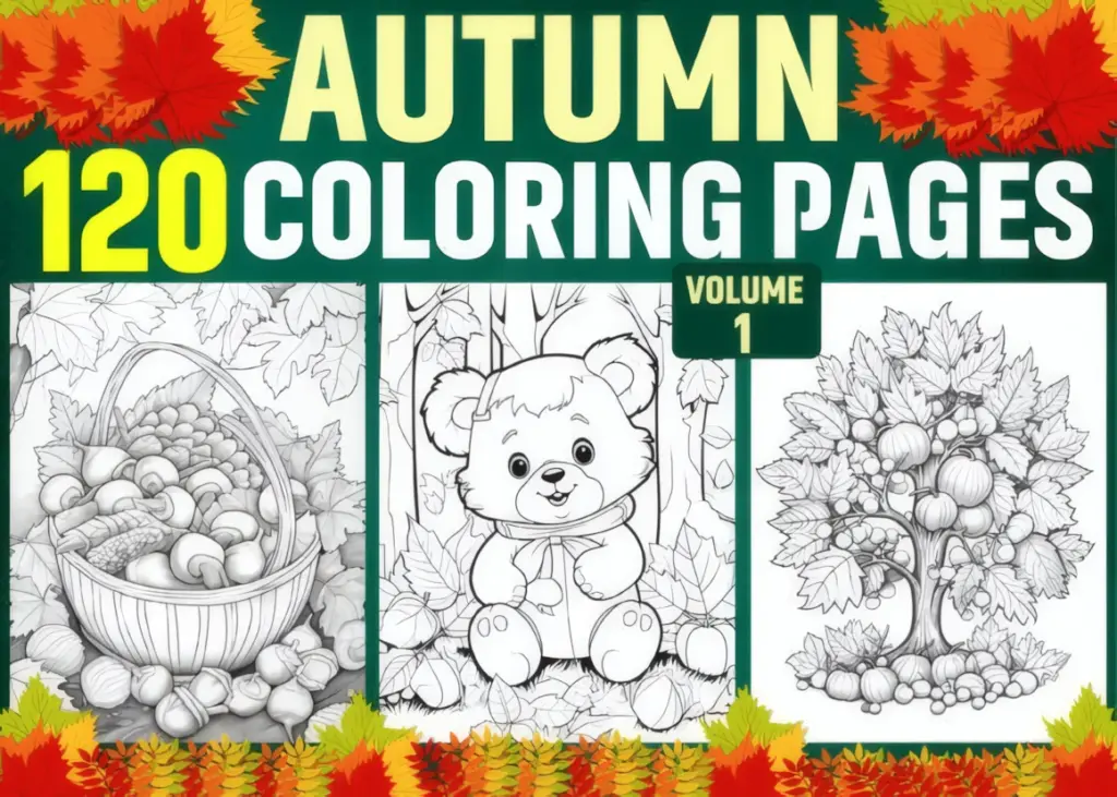 These autumn coloring pages for adults explore the season across three connected books.