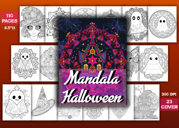 mix of Halloween mandala coloring pages centered on ghosts, pumpkins, hats, spooky houses, and decorative seasonal symbols