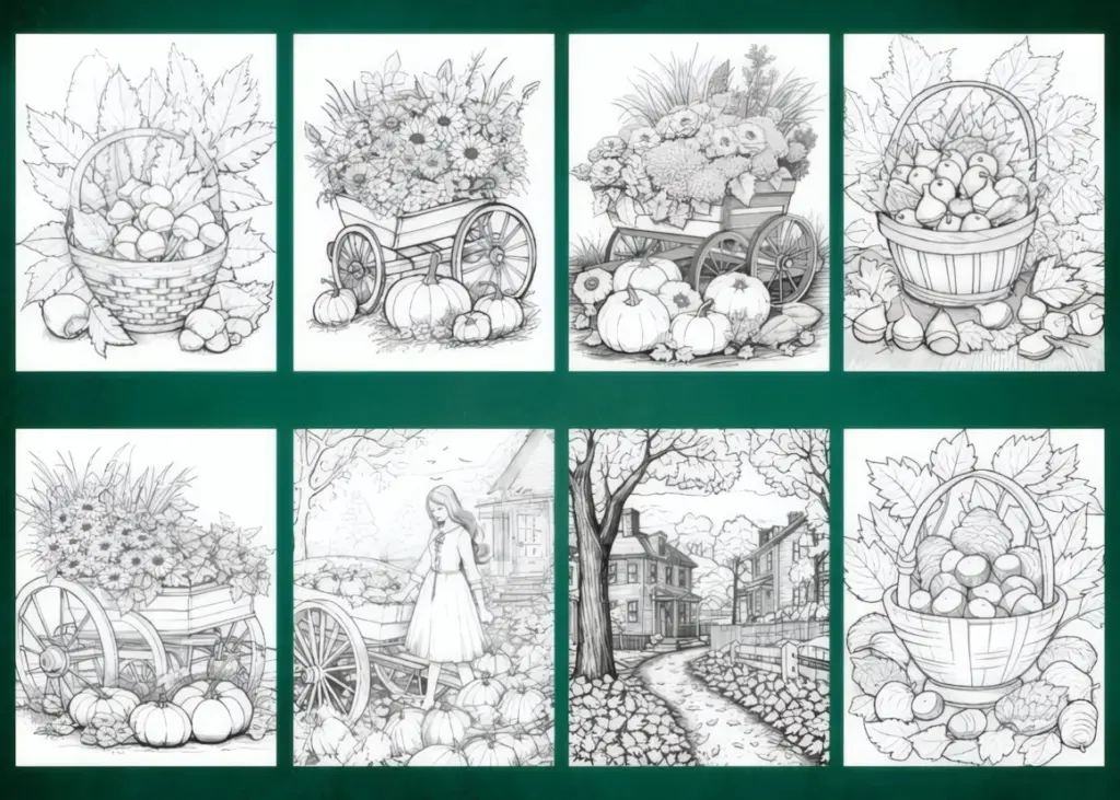 These autumn coloring pages for adults explore the season across three connected books.