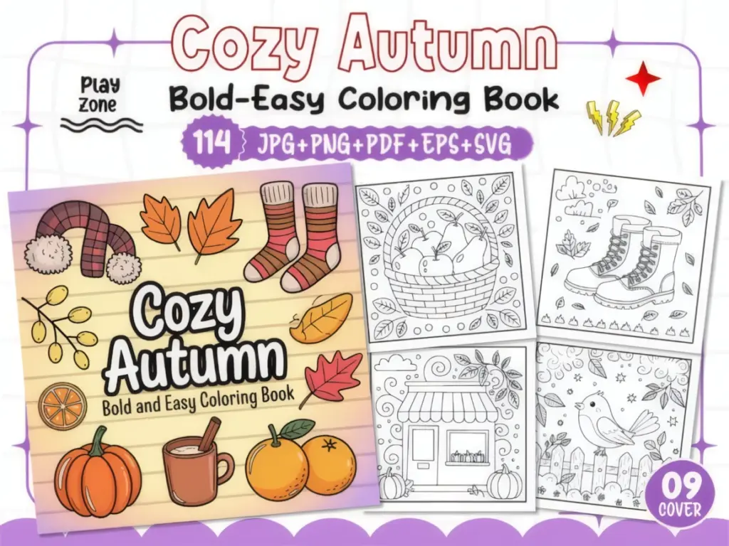 these cozy autumn coloring pages for kids bring together 114 black-and-white designs