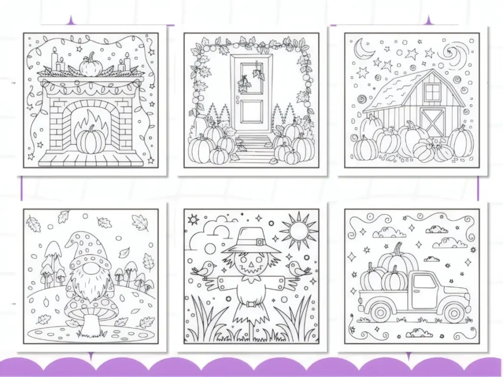 these cozy autumn coloring pages for kids bring together 114 black-and-white designs