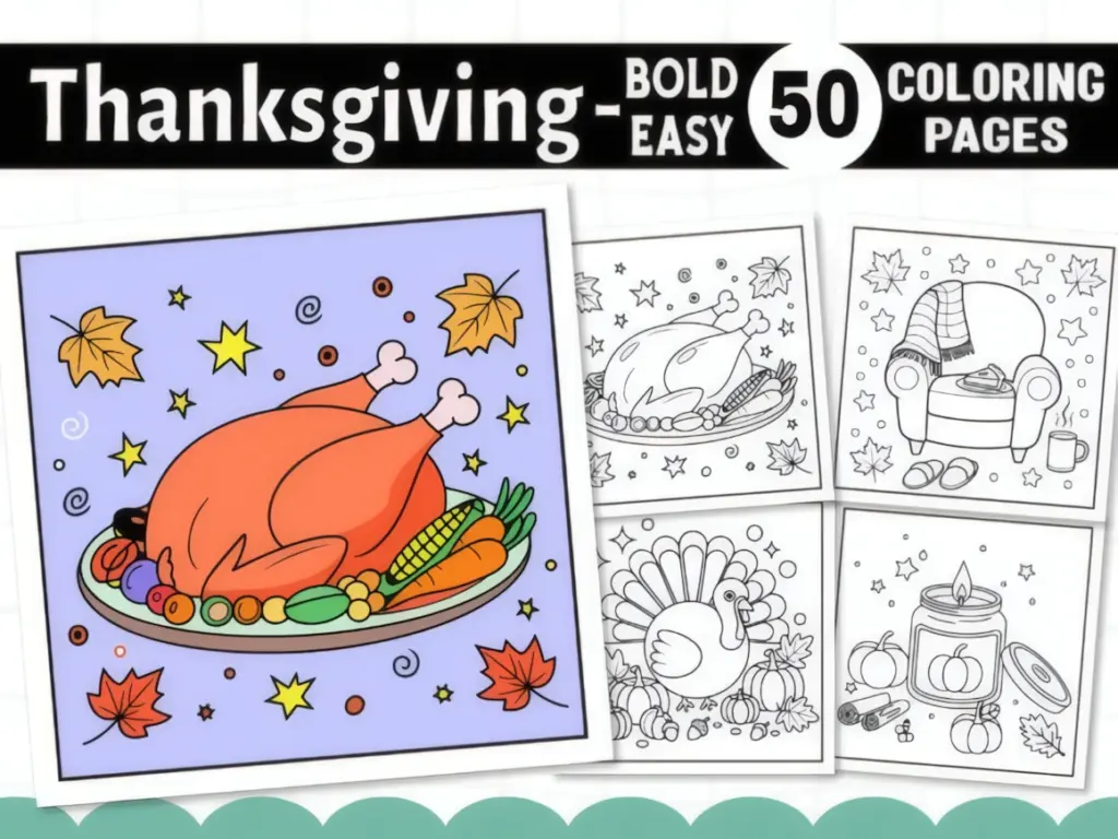 A generous Thanksgiving dinner takes center stage in these bold and easy Thanksgiving coloring pages.