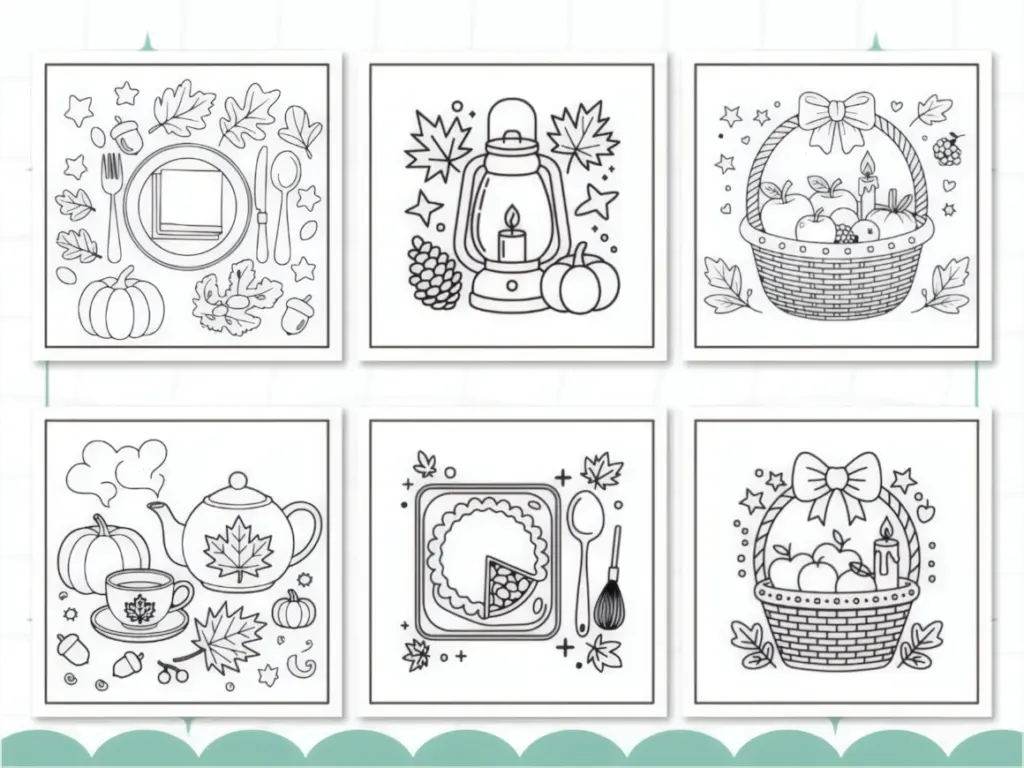 A generous Thanksgiving dinner takes center stage in these bold and easy Thanksgiving coloring pages.