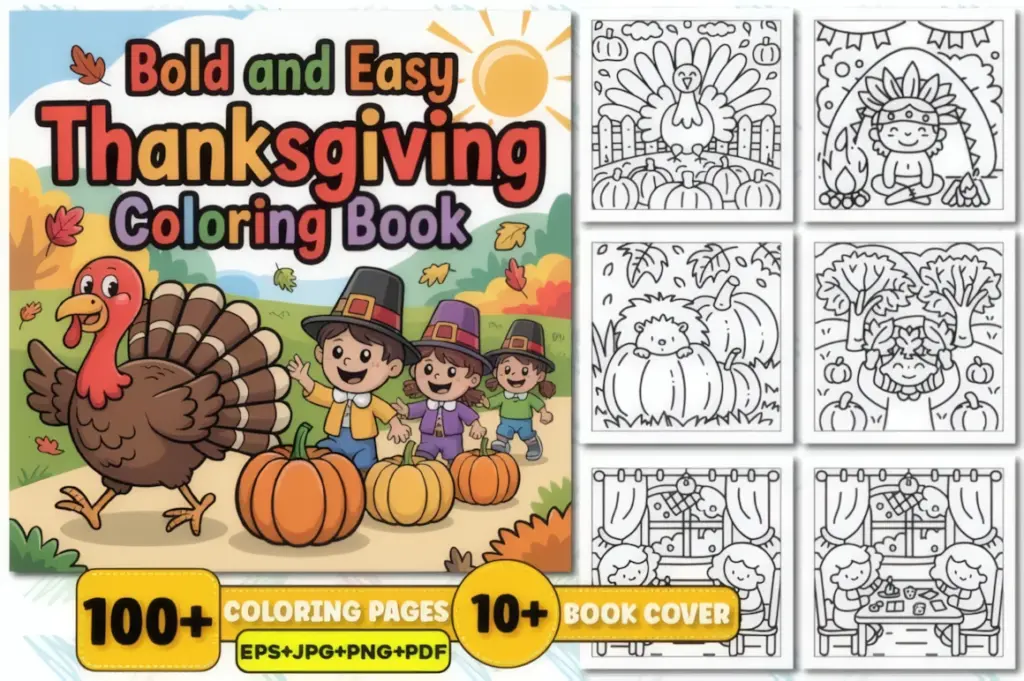 A lively Thanksgiving turkey leads this large set of bold and easy Thanksgiving coloring pages.