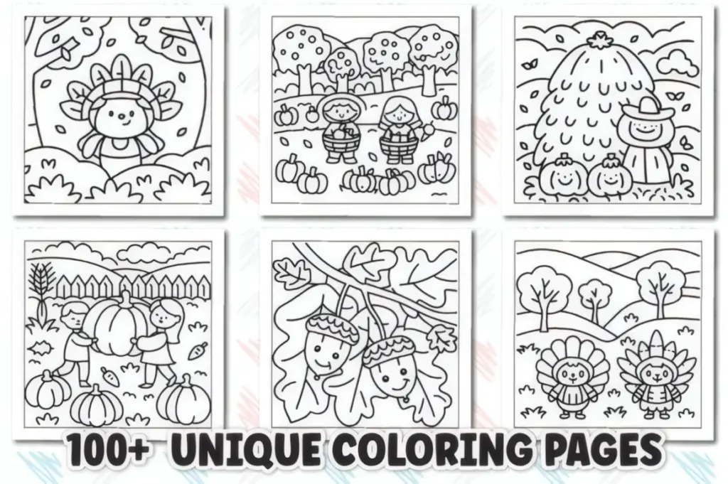 A lively Thanksgiving turkey leads this large set of bold and easy Thanksgiving coloring pages.
