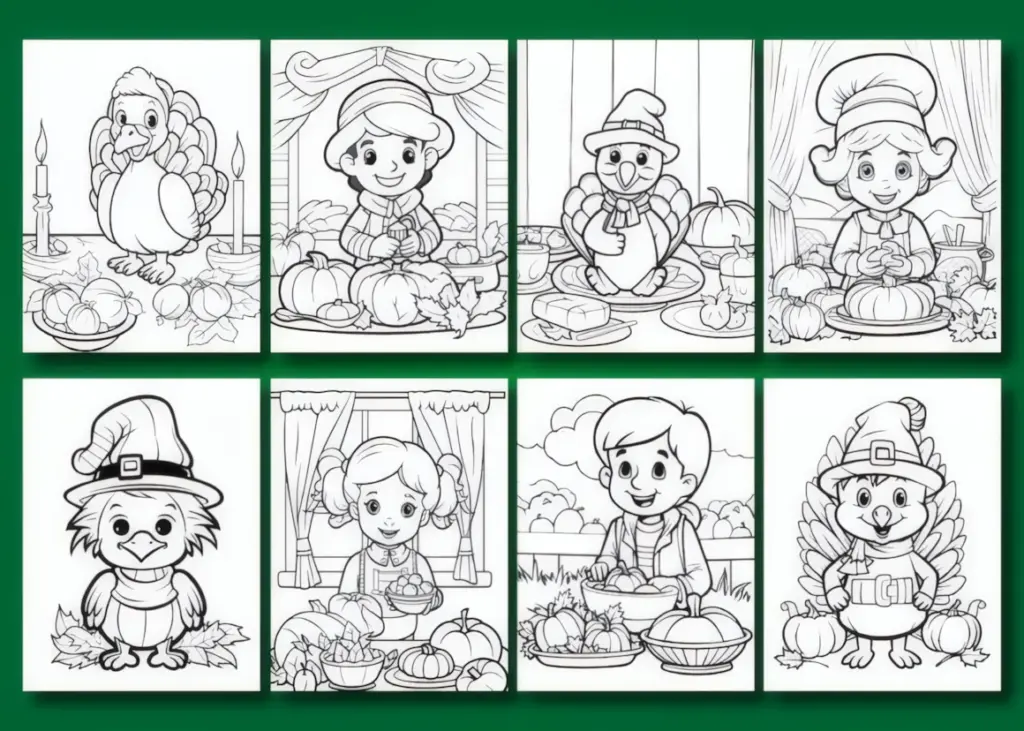 Cute Thanksgiving Coloring Pages for Kids in this collection offers 205 black-and-white Thanksgiving designs along with separate cover artwork
